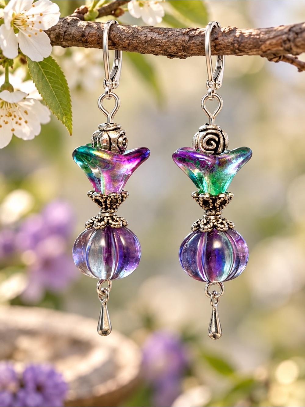 Czech Glass Flower Purple Melon Bead Dangle Earrings